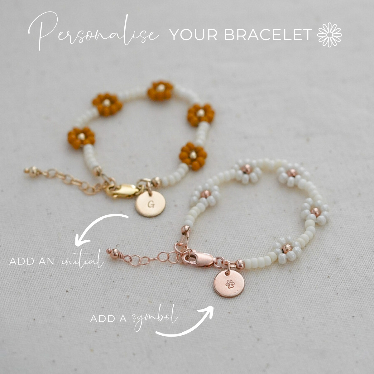 Daisy Chain Beaded Kids Bracelet - Tan Mustard / Ivory