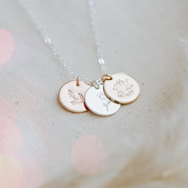 Birth Flowers Necklace - Tri Tone Triple Midi Round Discs
