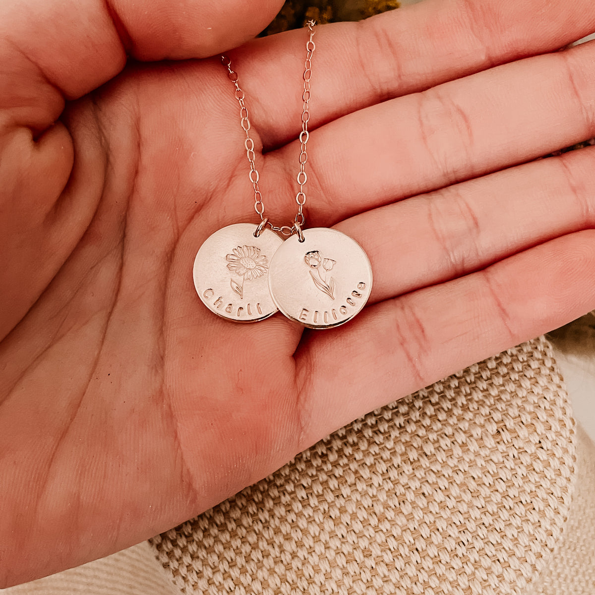 Double Birth Flower and Name Necklace - Large Discs
