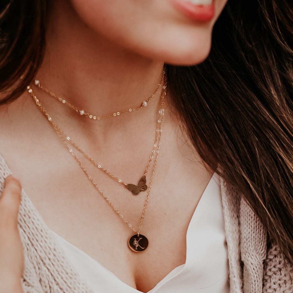 Floral Initial Necklace - Large Disc