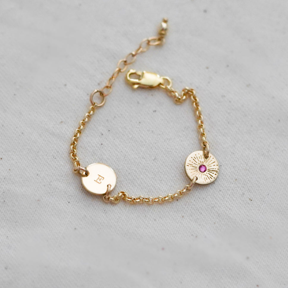 Classic Initial & Birthstone Baby Bracelet - Double Mini Discs
