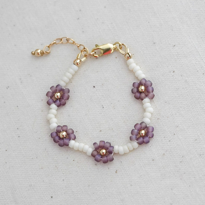 Daisy Chain Beaded Kids Bracelet - Purple AB / Ivory