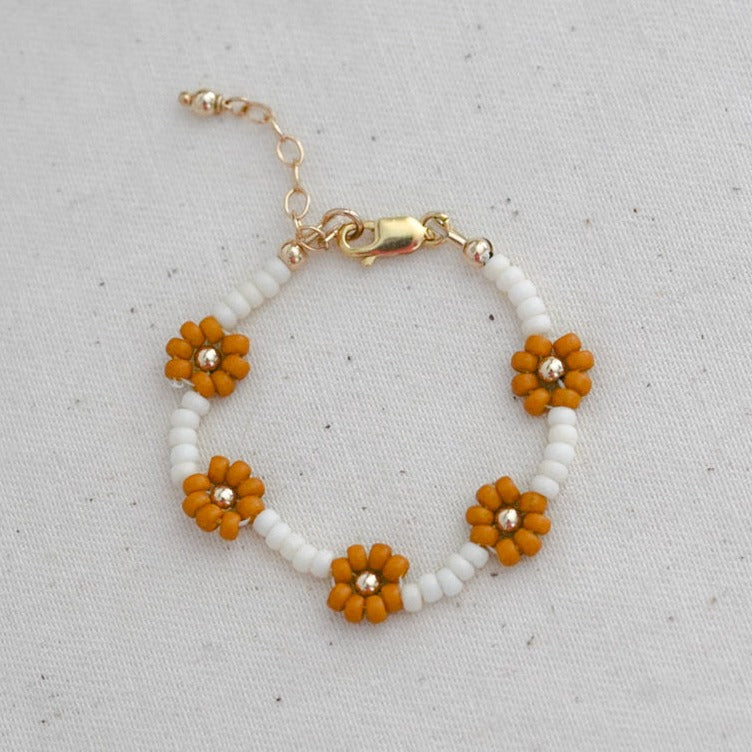 Daisy Chain Beaded Kids Bracelet - Tan Mustard / Ivory