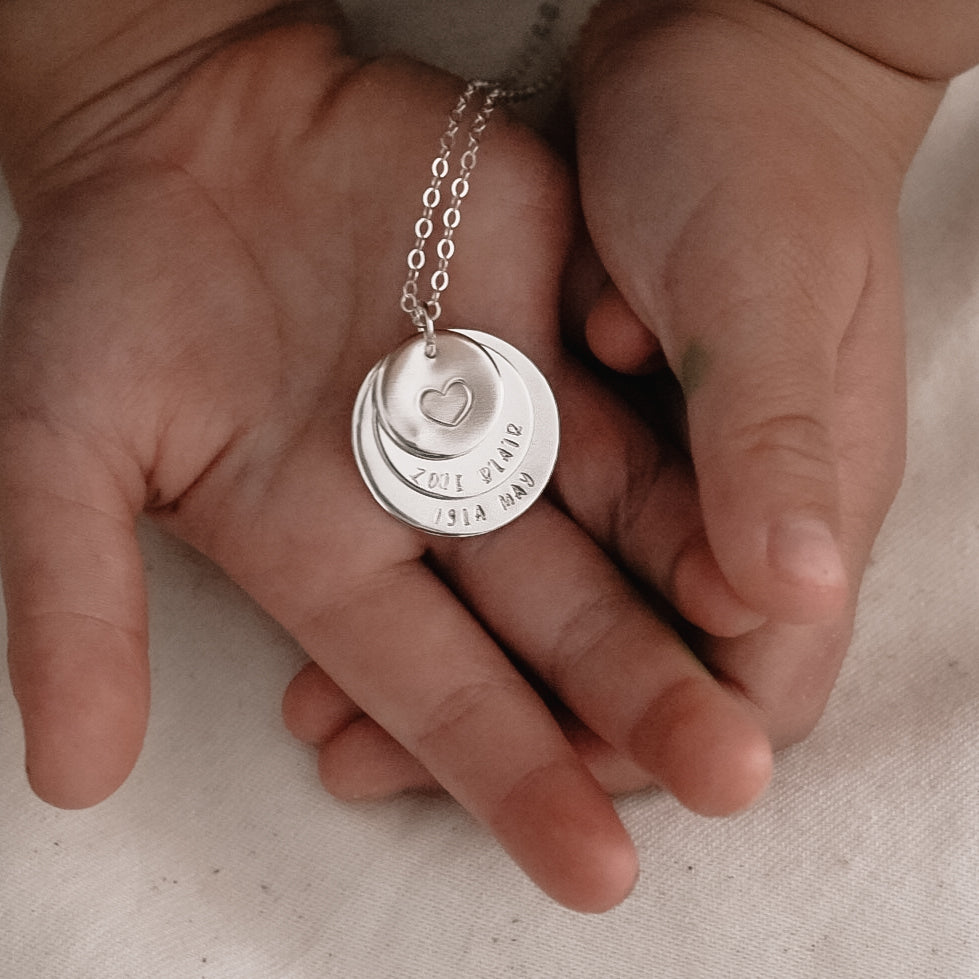 Triple Stack Big Heart & Names Necklace - Midi, Large, X-Large Disc
