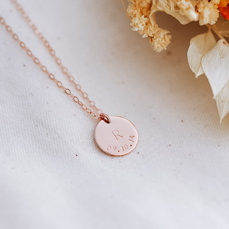 Initial & Date on a Curve Necklace - Single Midi Disc