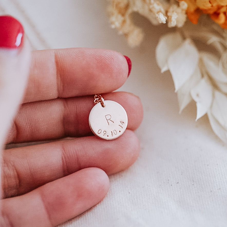 Initial & Date on a Curve Necklace - Single Midi Disc