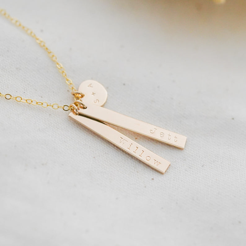 Double Hanging Bars & Mini Disc Necklace - Petite Bar & Mini Disc