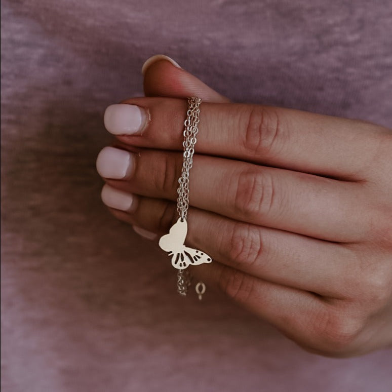 Delicate Wings Butterfly Charm Necklace - 1 initial - Hand Cut