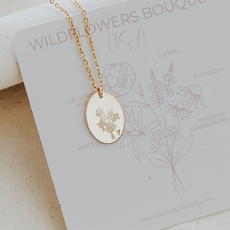 USA Wildflowers Bouquet Necklace - Oval Disc