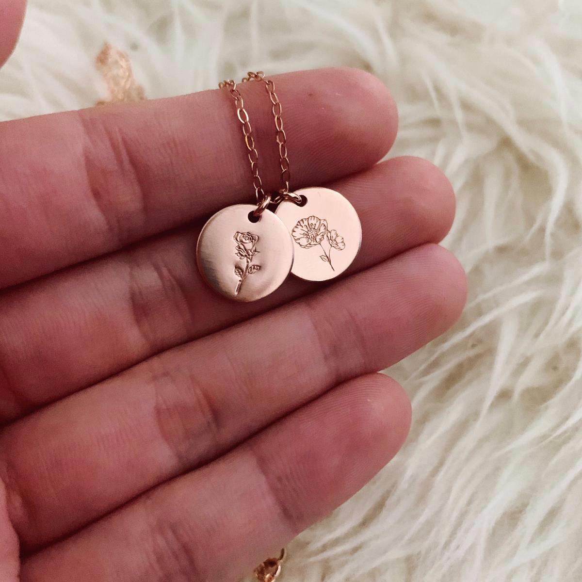 Birth Flowers Necklace - Double Midi Round Discs