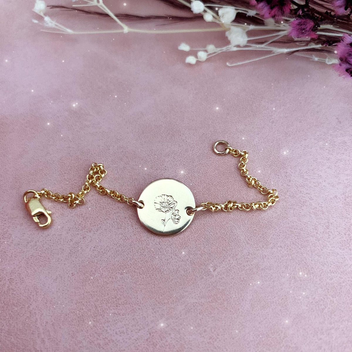 Birth Flowers Bracelet - Single Midi Round Disc
