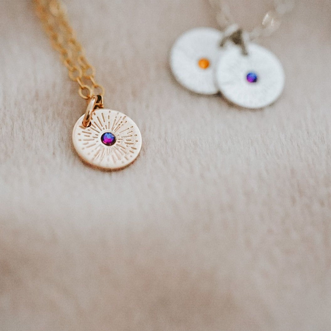 Single Sunburst Birthstone Necklace - Mini Disc