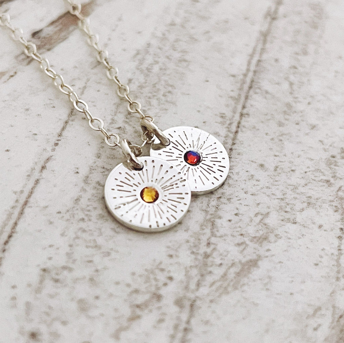 Double Sunburst Birthstone Necklace - Mini Disc