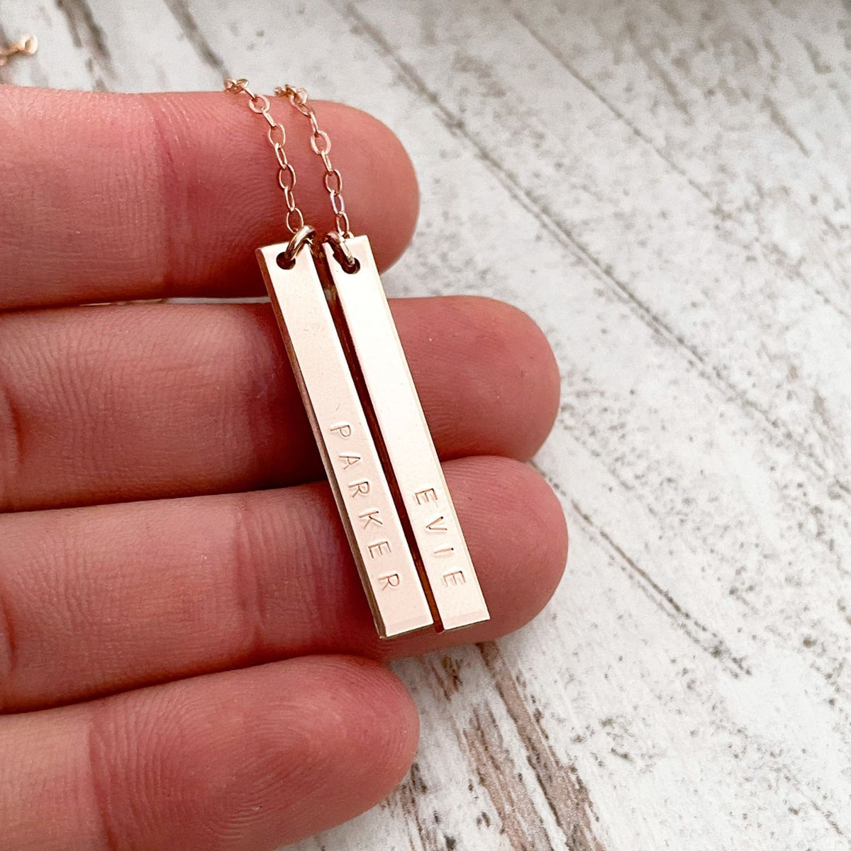 2 Double Sided Name & Date Hanging Bars Necklace - Skinny Petite Bar