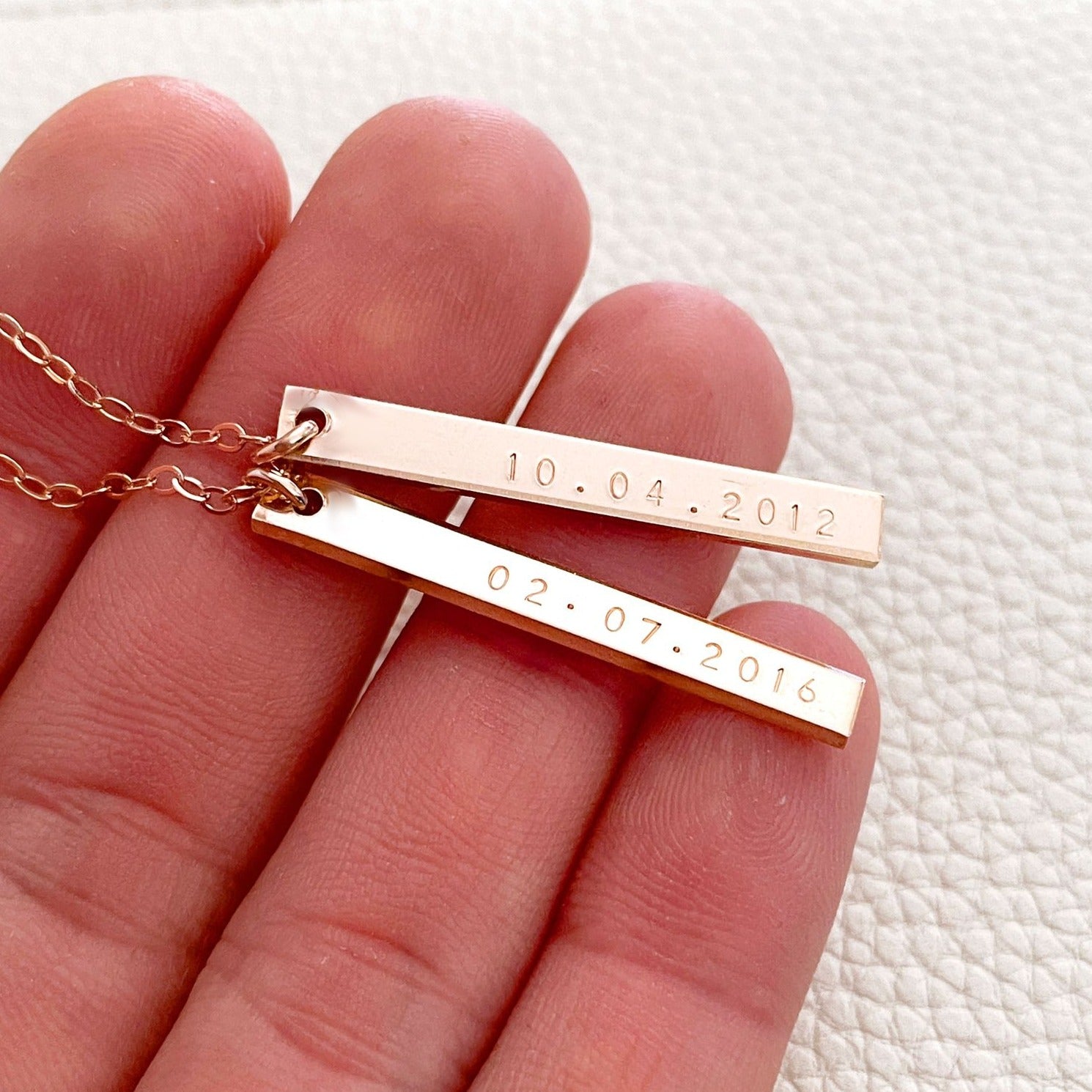 2 Double Sided Name & Date Hanging Bars Necklace - Skinny Petite Bar