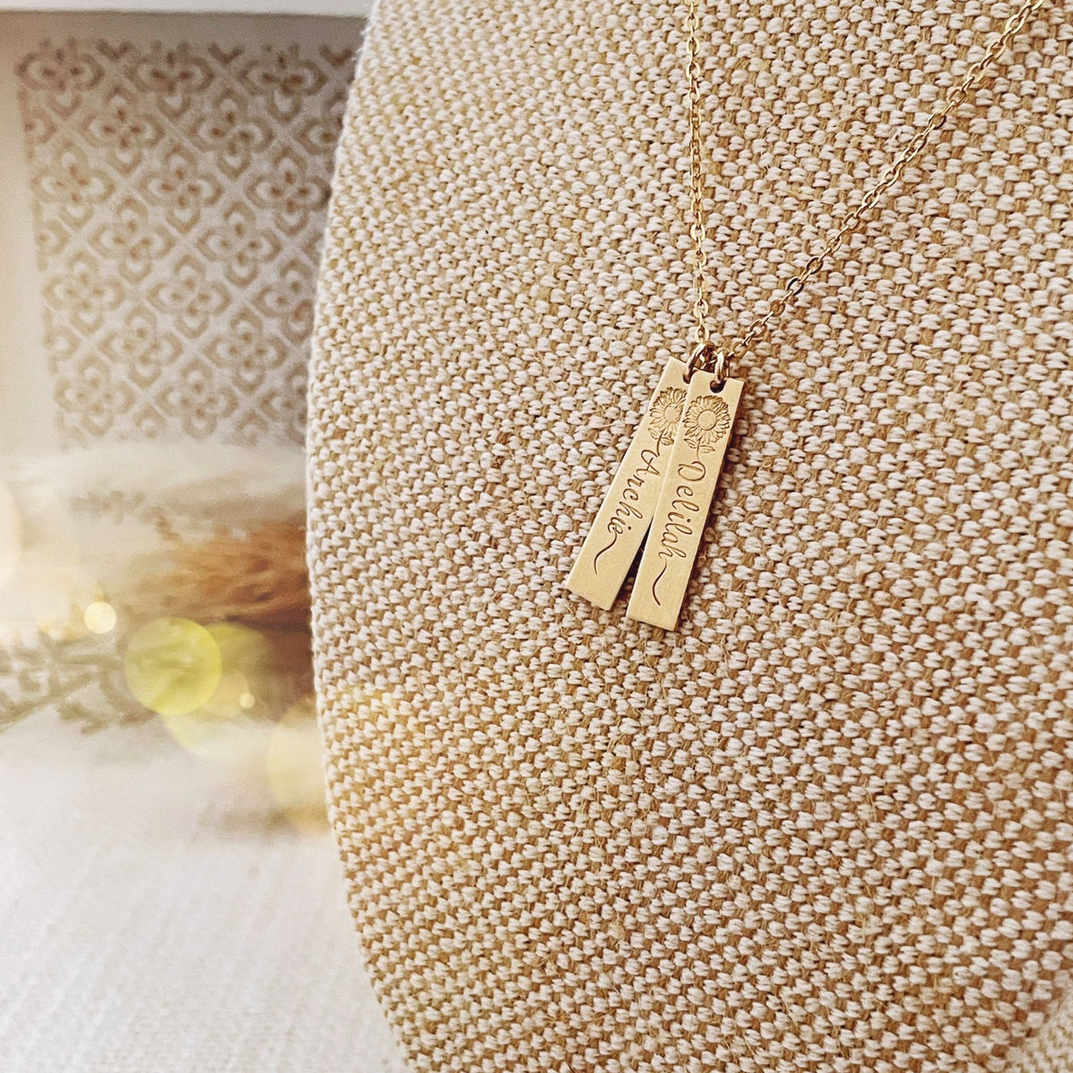 Double Sunflower Name Hanging Bars Necklace - Short Standard Bars