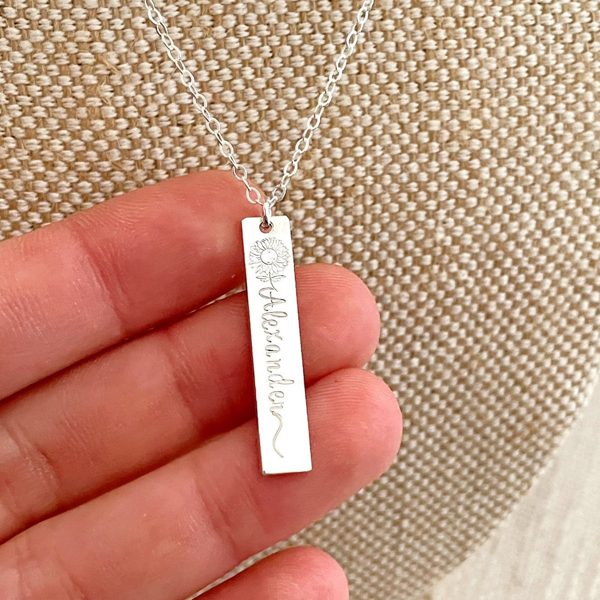 Single Sunflower Name Hanging Bar Necklace - Long Standard Bar