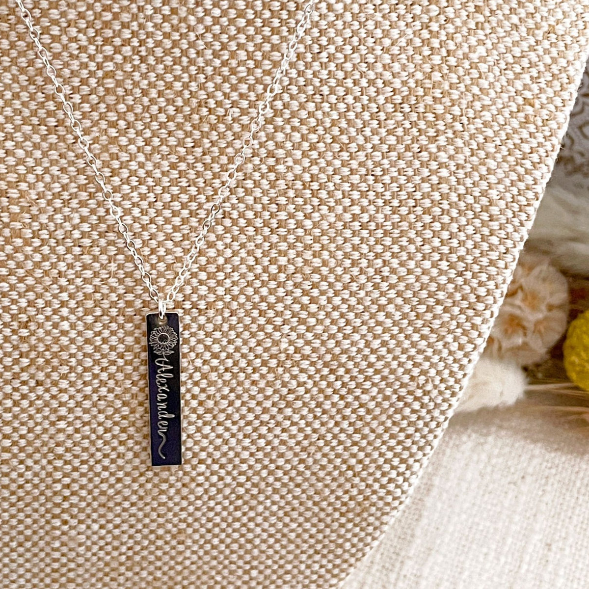 Single Sunflower Name Hanging Bar Necklace - Long Standard Bar