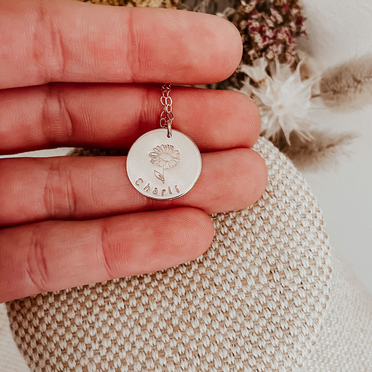 Birth Flower and Name Necklace - Large Disc