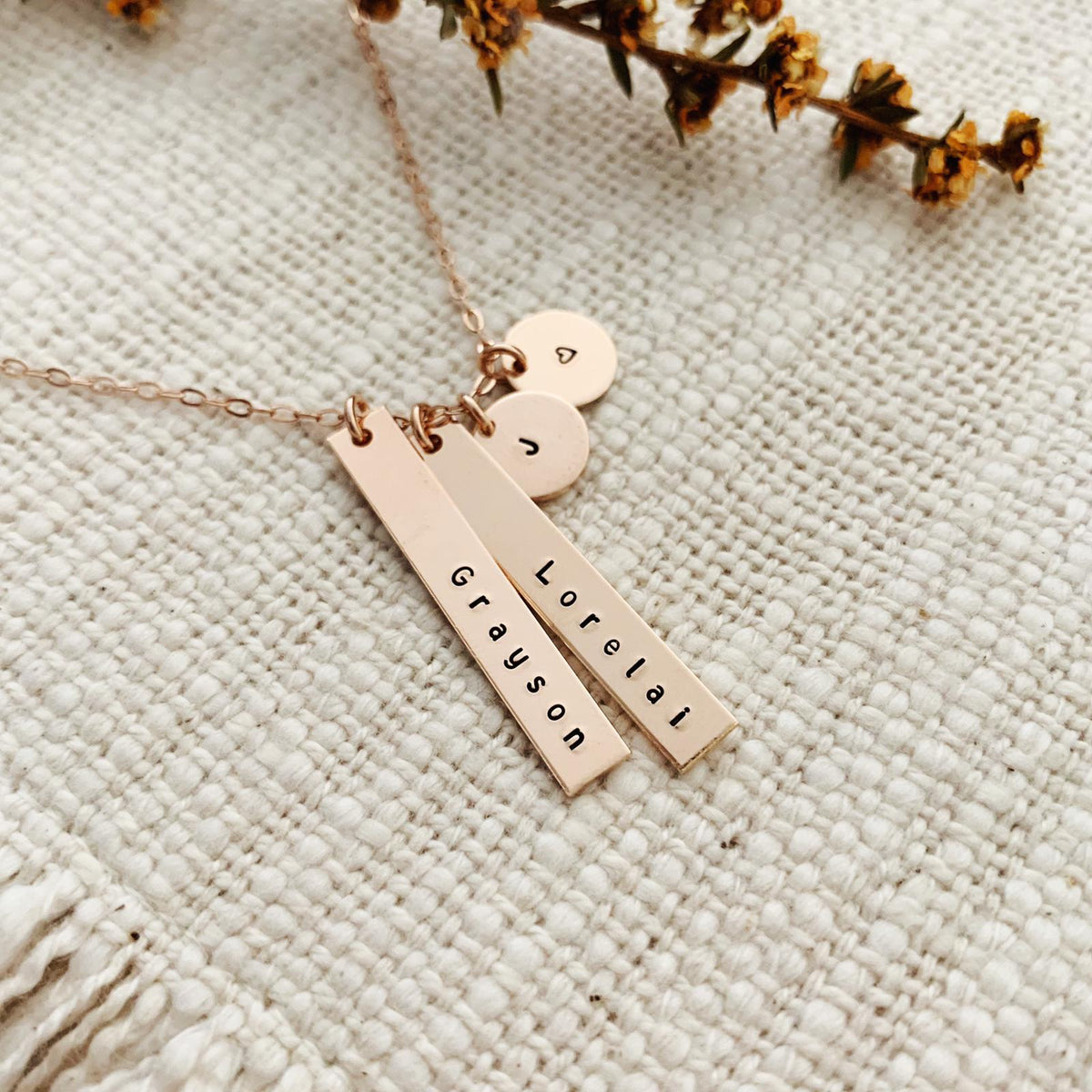2 Names & 2 Initials Necklace - Petite Bars & Mini Discs - Ekalake Handmade Jewellery