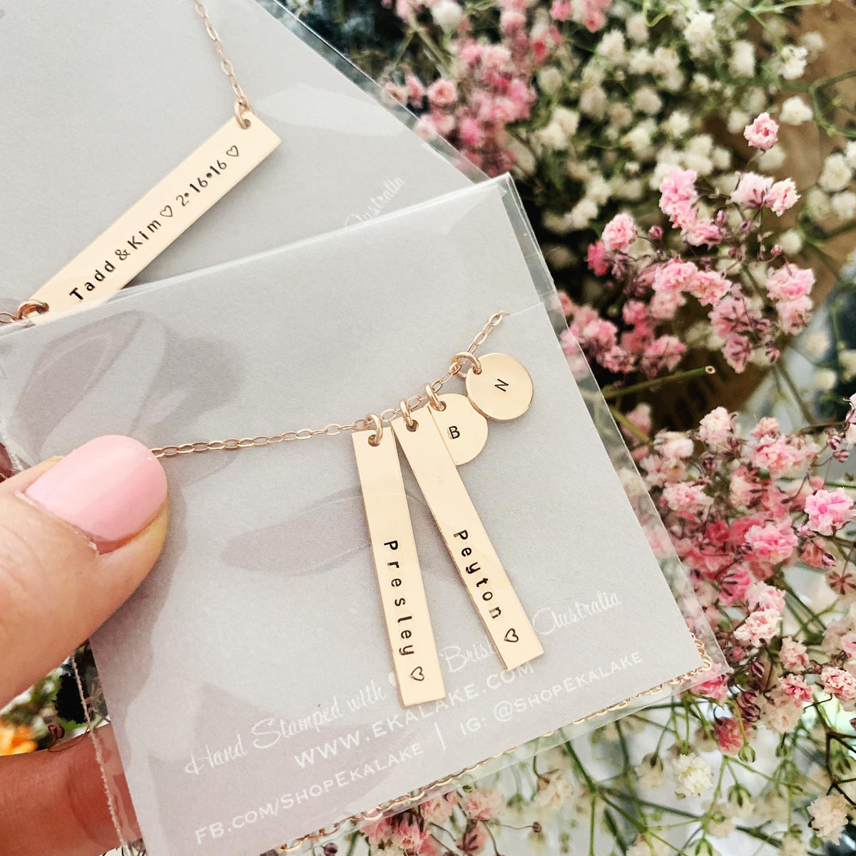 2 Names & 2 Initials Necklace - Petite Bars & Mini Discs - Ekalake Handmade Jewellery
