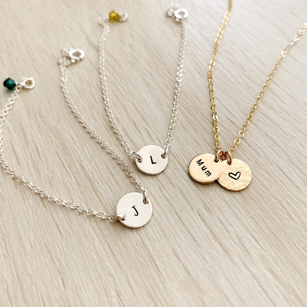 Initial Disc Bracelet with Birthstone Charm - Mini Disc - Ekalake Handmade Jewellery