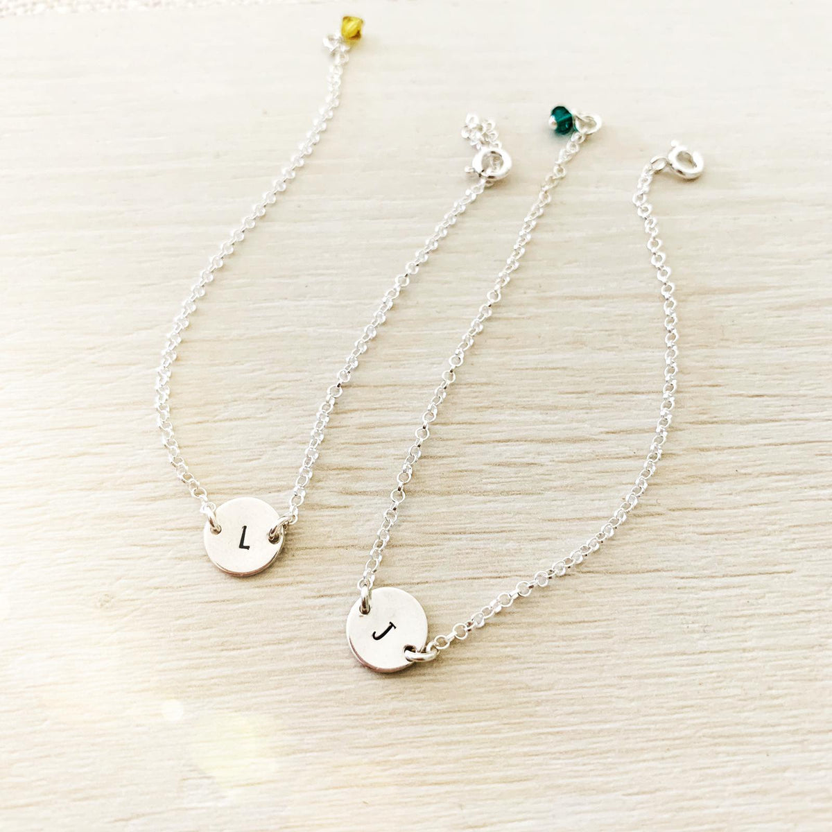 Initial Disc Bracelet with Birthstone Charm - Mini Disc - Ekalake Handmade Jewellery