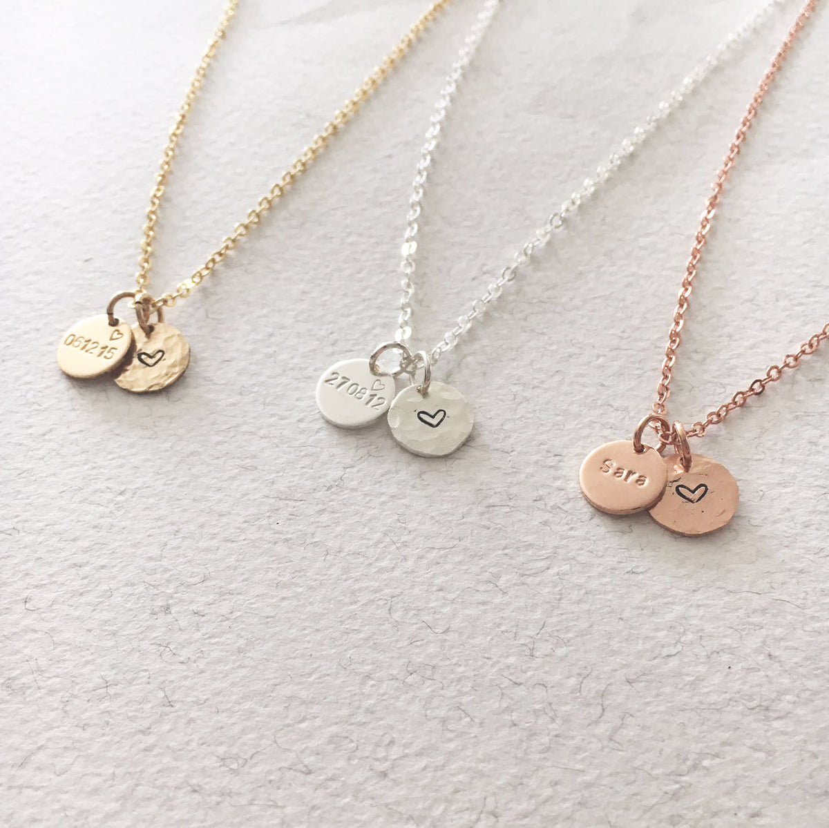 Date & Love Heart Necklace - Double Mini Discs - Ekalake Handmade Jewellery