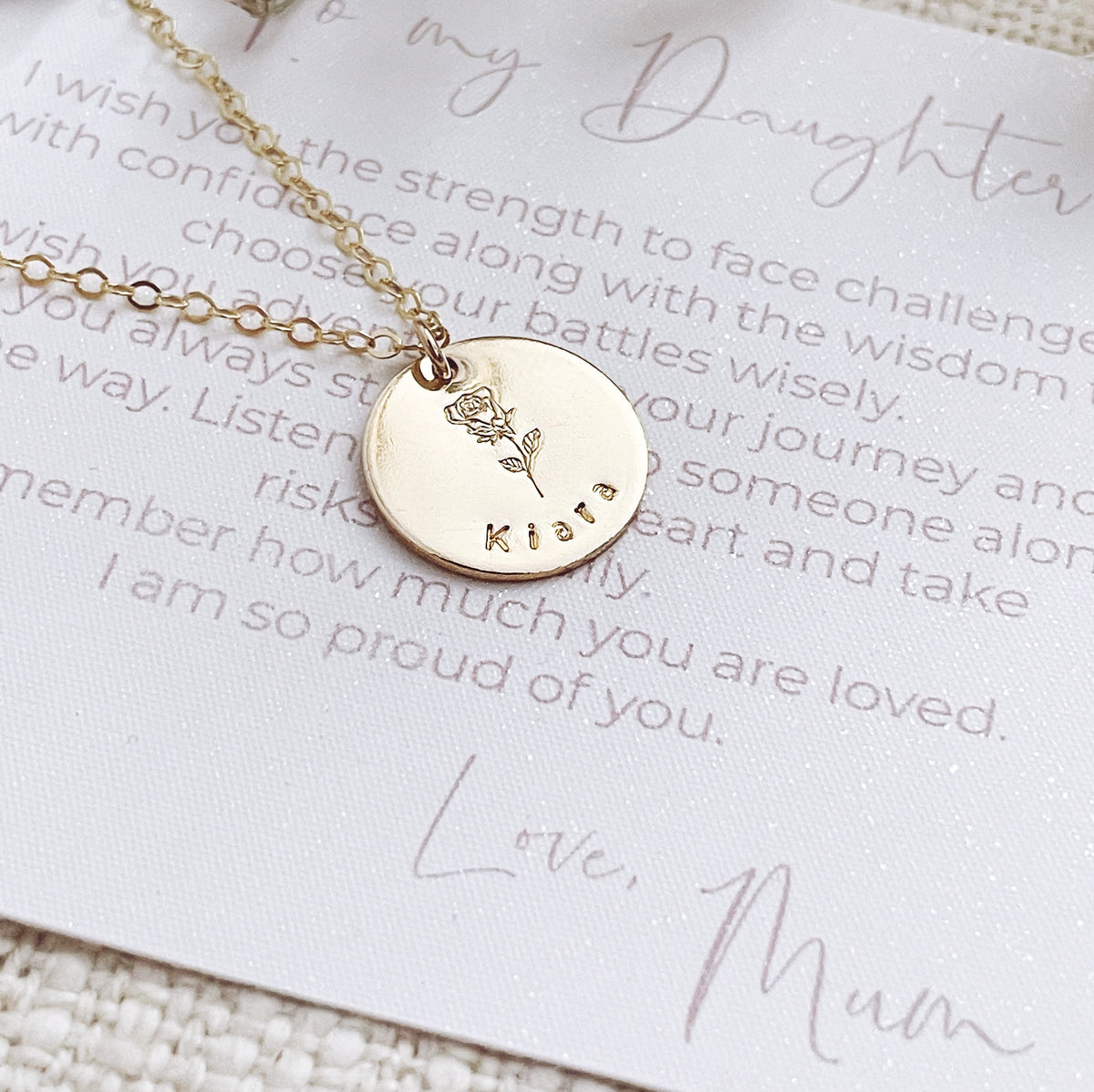 Birth Flower and Name Necklace (comes with Daughter Card) - Single Large Disc