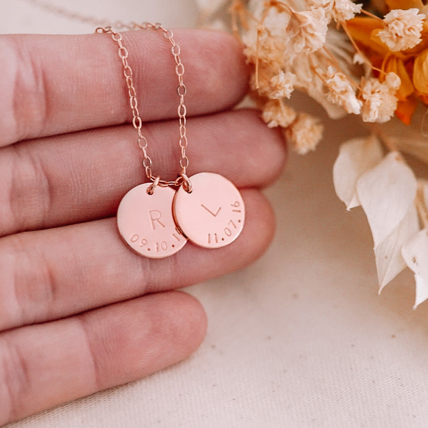 Initial & Date on a Curve Necklace - Double Midi Discs