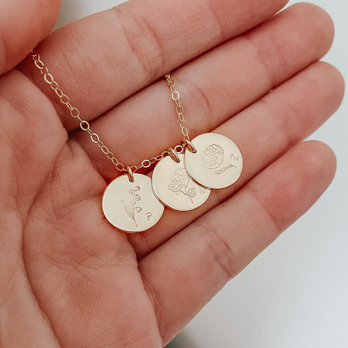 Birth Flowers Necklace - Triple Midi Round Discs