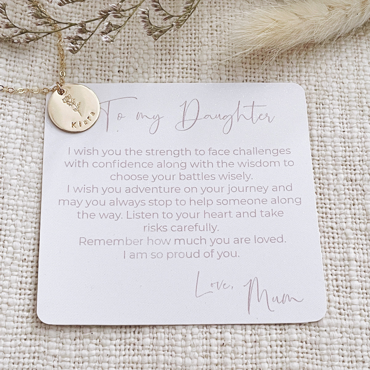 Birth Flower and Name Necklace (comes with Daughter Card) - Single Large Disc