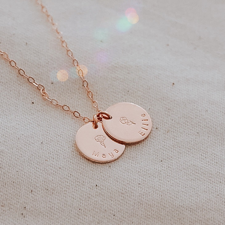 Double Mini Birth Flowers & Names on a Curve Necklace - Midi Discs