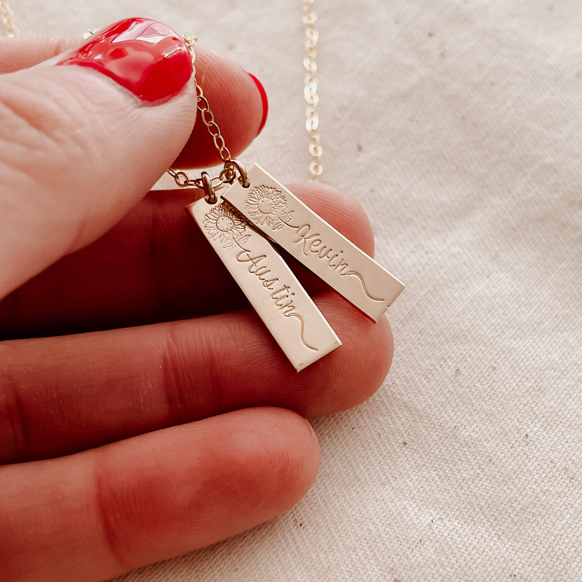 Double Sunflower Name Hanging Bars Necklace - Short Standard Bars