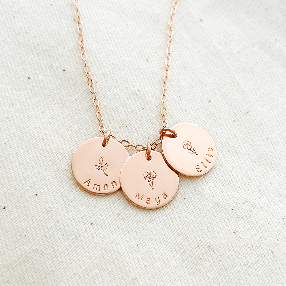Triple Mini Birth Flower &amp; Name Necklace - Midi Discs