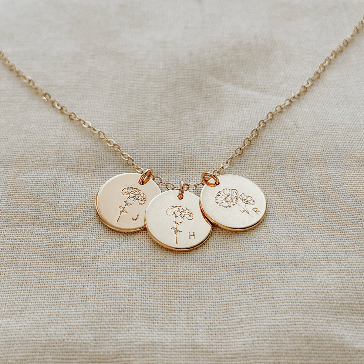 Birth Flowers Necklace - Triple Midi Round Discs