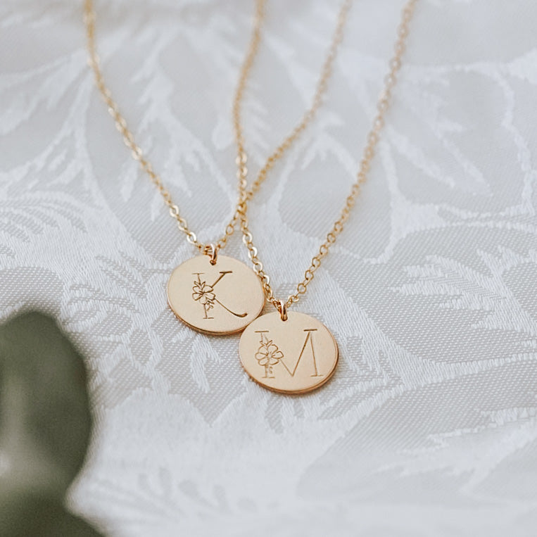 Floral Initial Necklace - Large Disc