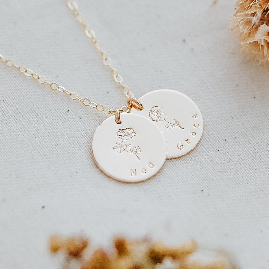 Double Birth Flower and Name Necklace - Large Discs