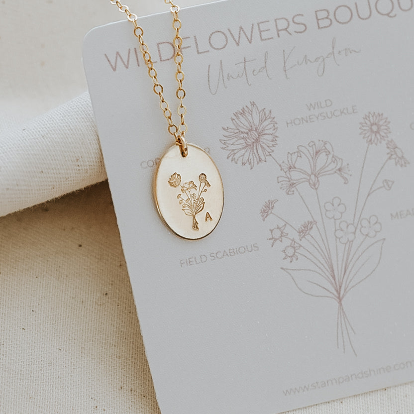 UK Wildflowers Bouquet Necklace - Oval Disc
