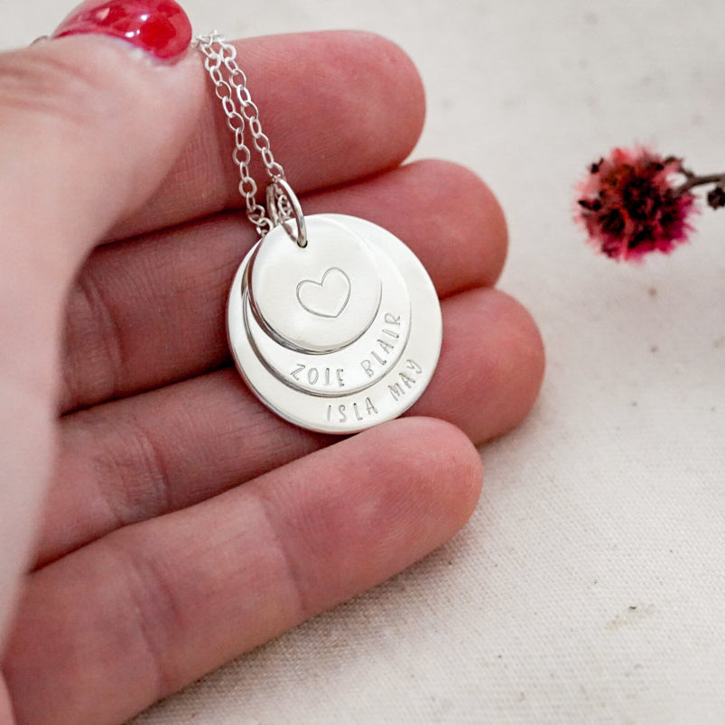 Triple Stack Big Heart &amp; Names Necklace - Midi, Large, X-Large Disc
