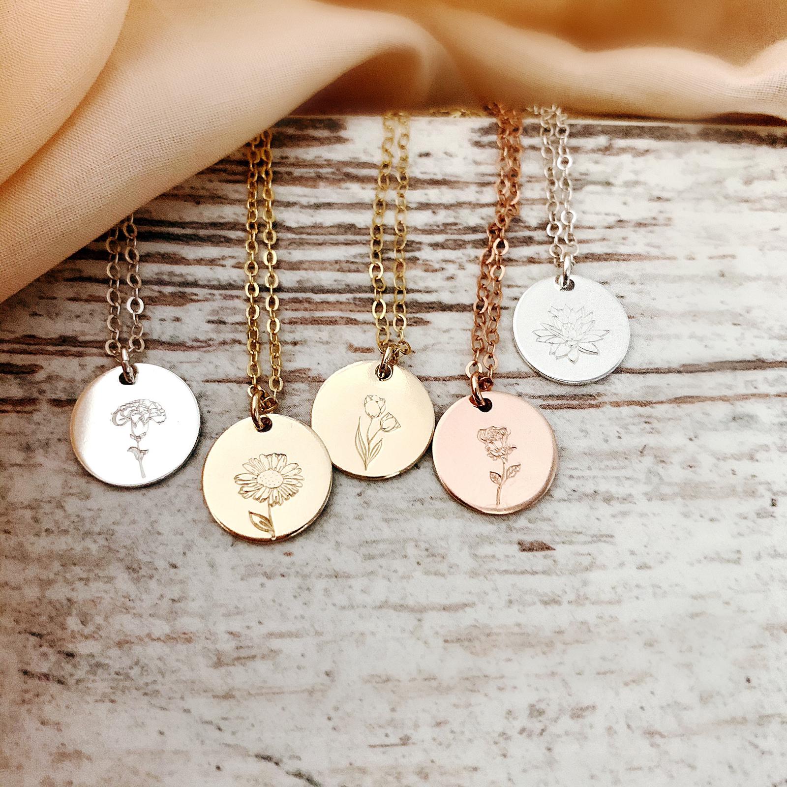 Birth Flower Necklace - Single Midi Round Disc