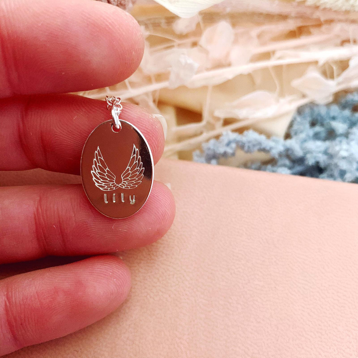 Majestic Angel Wings Memorial Necklace - Oval Disc