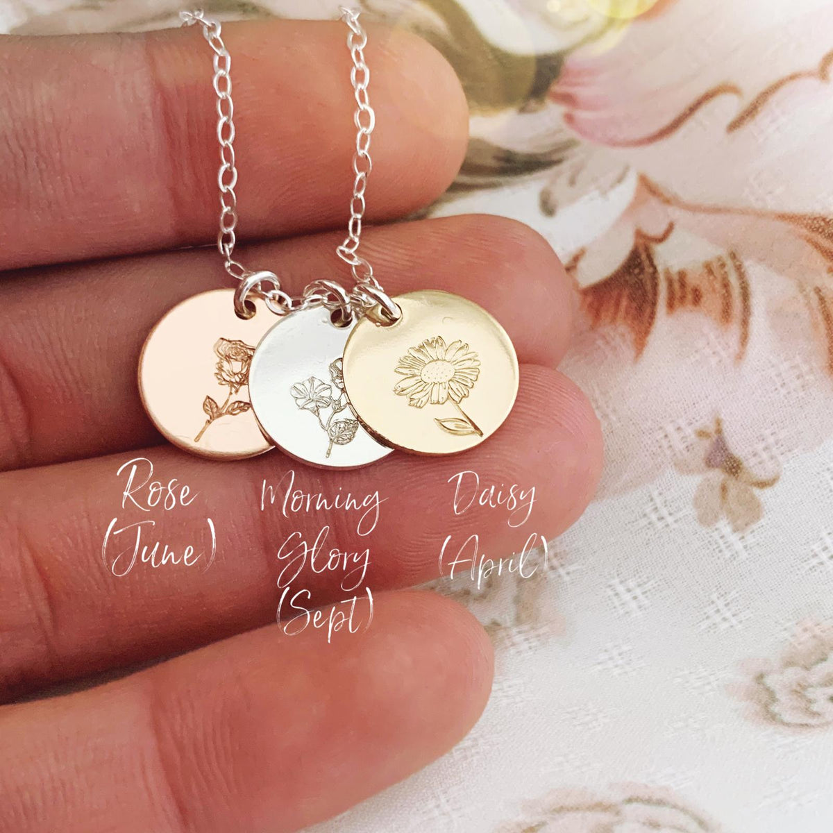 Birth Flowers Necklace - Tri Tone Triple Midi Round Discs
