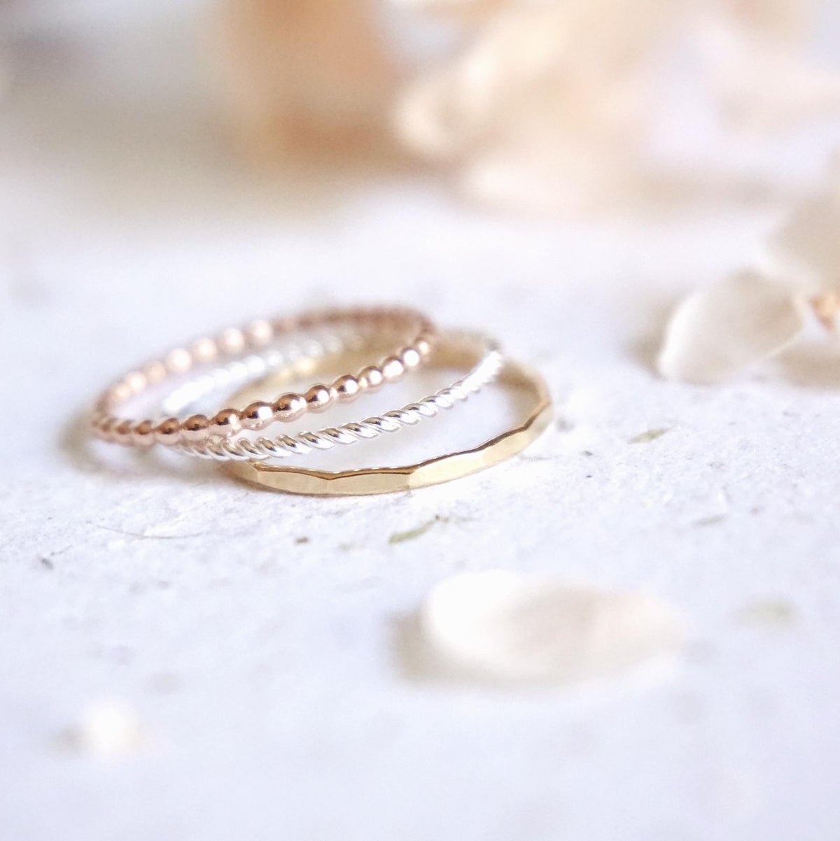 Delilah - Beaded, Hammered &amp; Twist Tri-Tone Rings