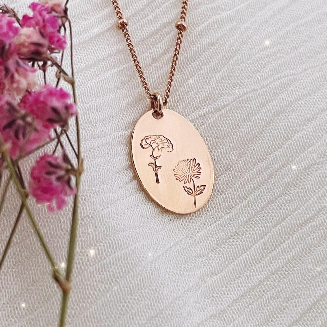 Birth Flowers Necklace - 2 Flowers - Oval Disc