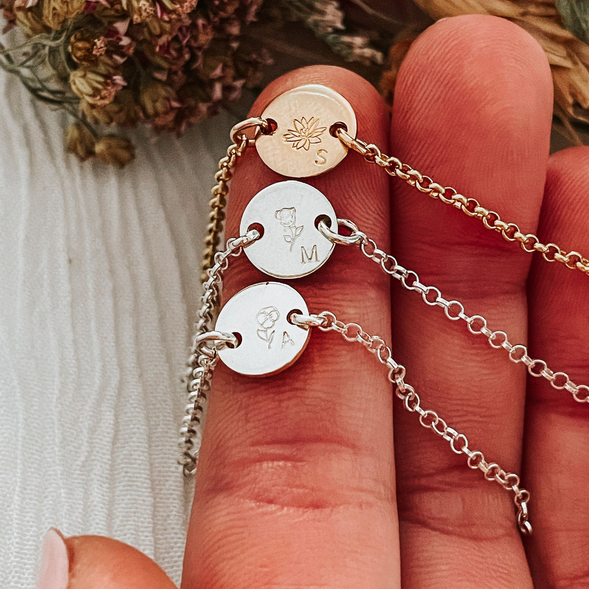 Mini Birth Flower Baby Bracelet- Mini Disc