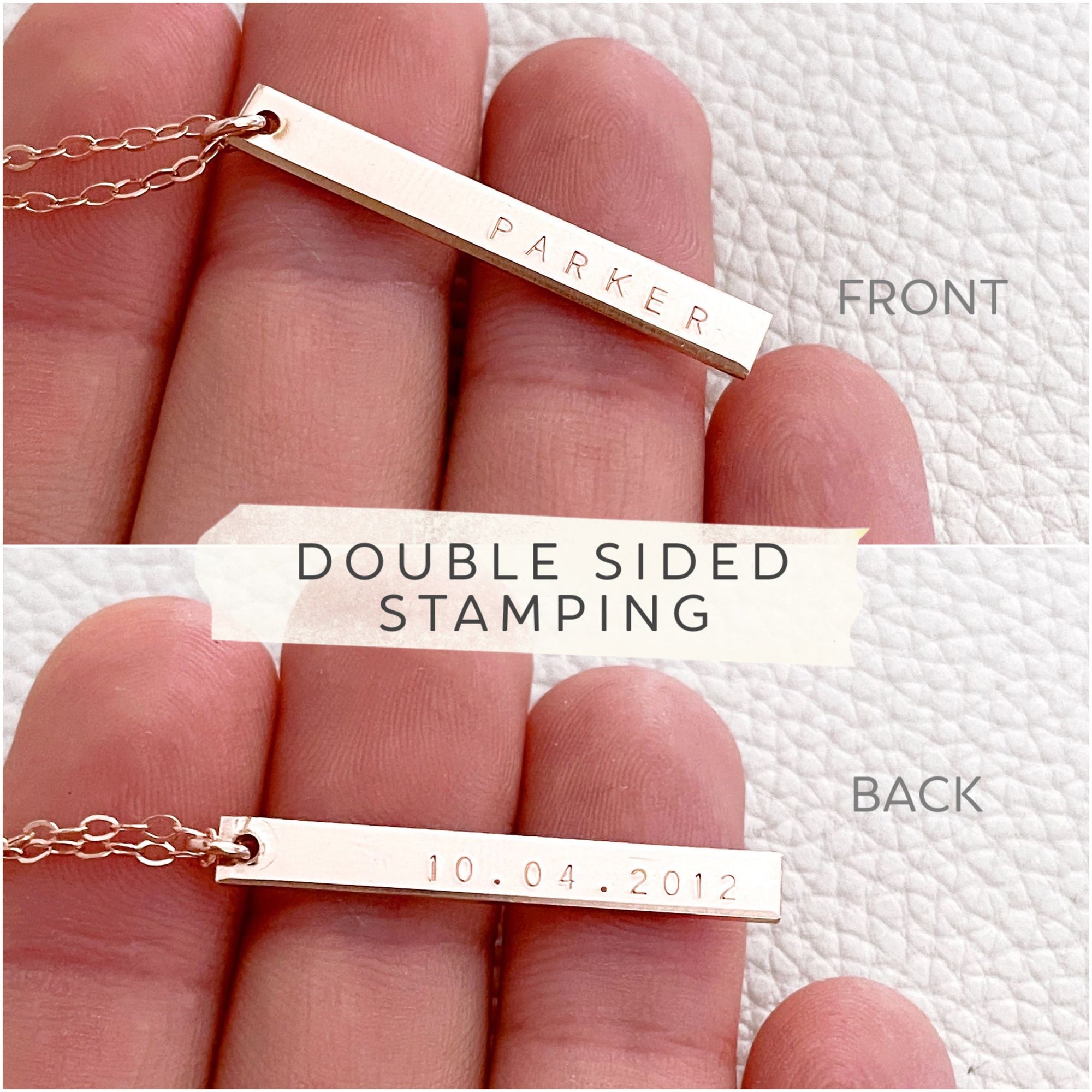 1 Double Sided Name & Date Hanging Bar Necklace - Skinny Petite Bar
