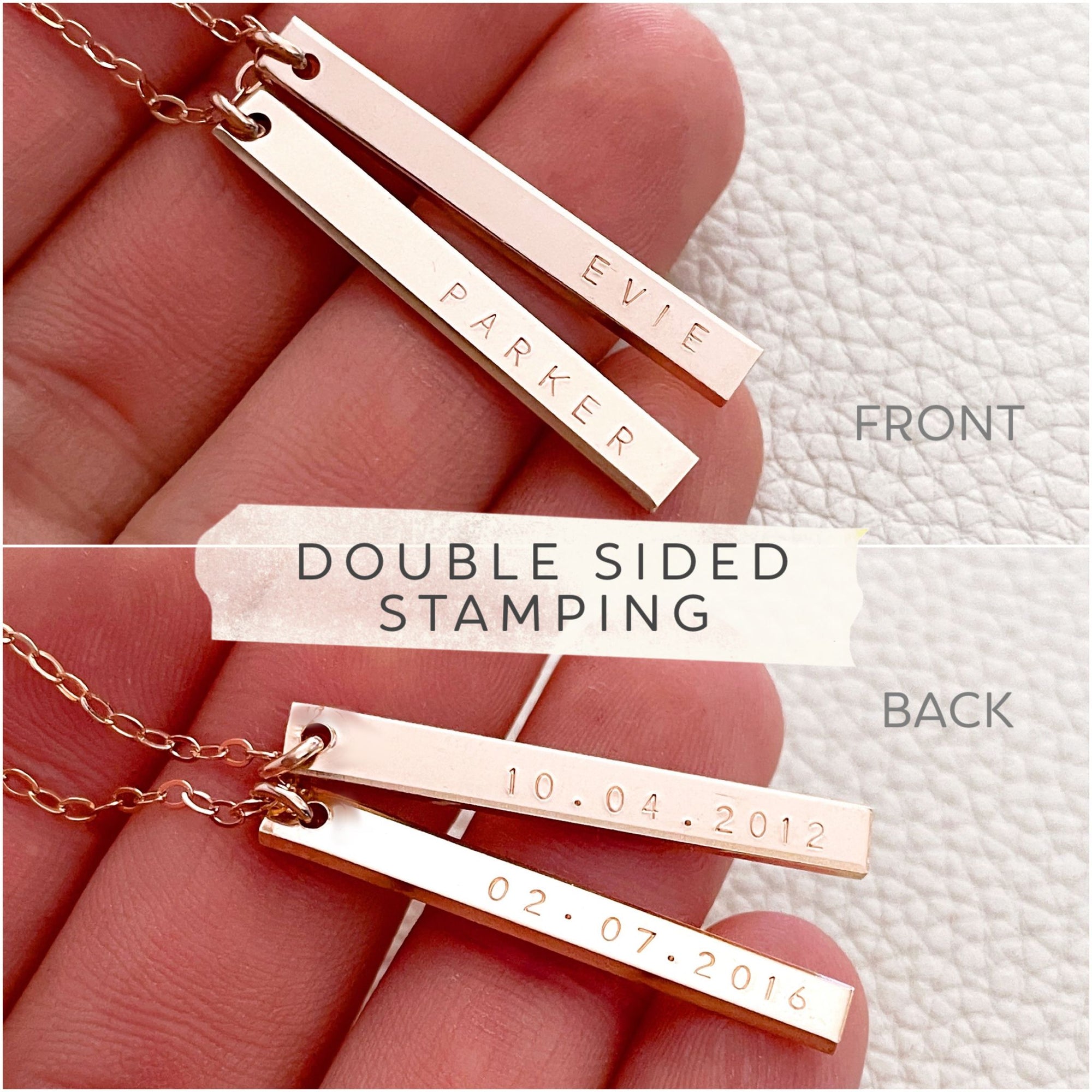 2 Double Sided Name & Date Hanging Bars Necklace - Skinny Petite Bar
