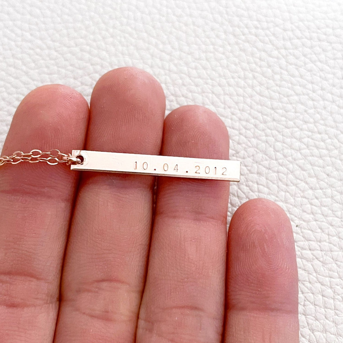 1 Double Sided Name &amp; Date Hanging Bar Necklace - Skinny Petite Bar