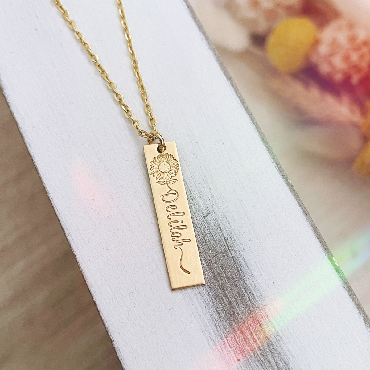 Single Sunflower Name Hanging Bar Necklace - Short Standard Bar